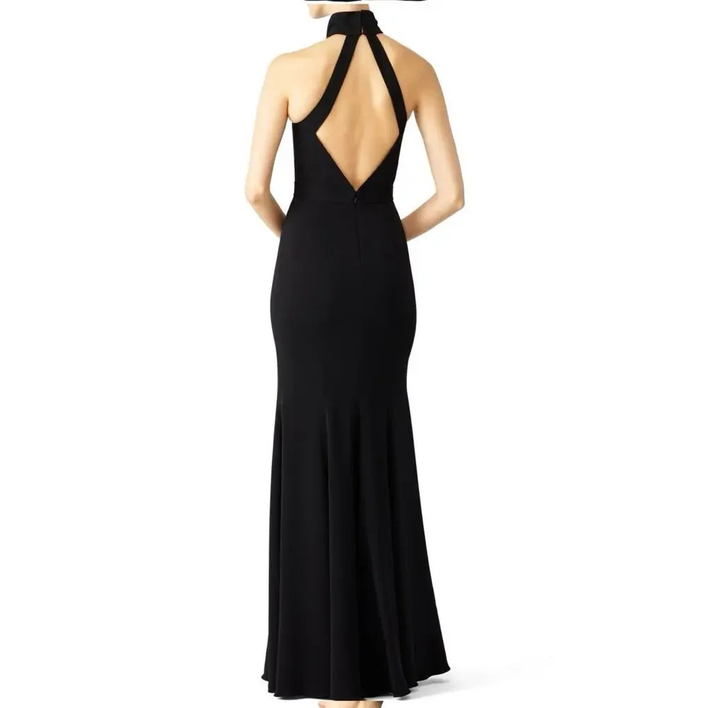 JAY GODFREY Black Lace Front High Neckline Triangle Open Back Gown size 6